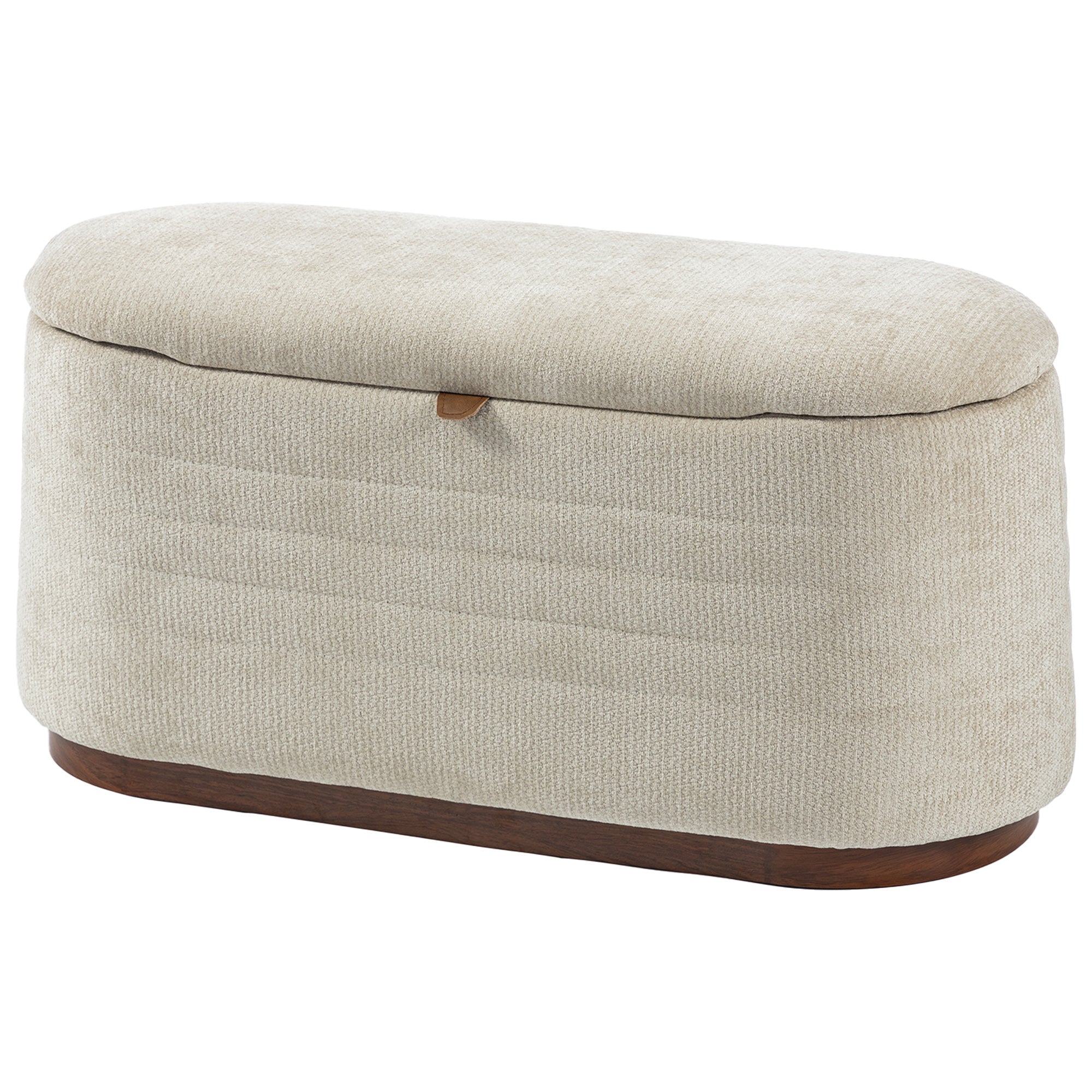 Moderner ovaler Aufbewahrungshocker aus Chenille-Stoff, belastbare Bettbank mit Stauraum, 220 kg, 91 x 40,5 x 45 cm, Beige
