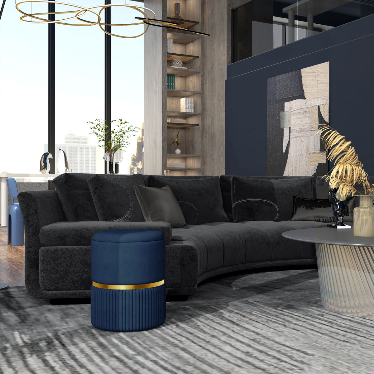 Pouf tabouret repose-pied coffre de rangement en velours côtelé 36 x 36 x 44 cm pour salon chambre bleu