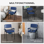 Chaise percée toilette multifonctions seau amovible hauteur réglable avec dossier siège et accoudoirs rembourrés bleu