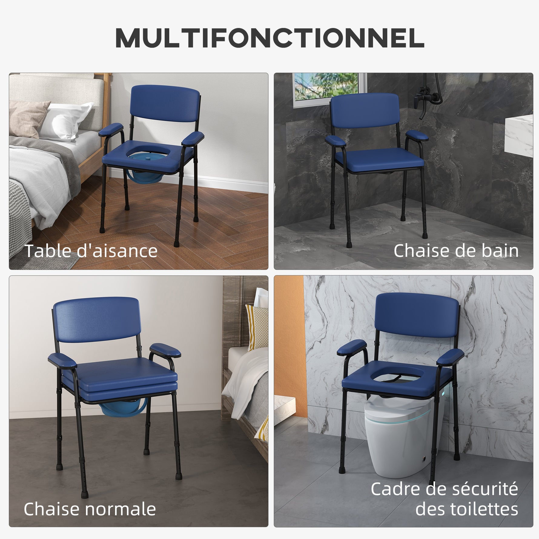 Chaise percée toilette multifonctions seau amovible hauteur réglable avec dossier siège et accoudoirs rembourrés bleu