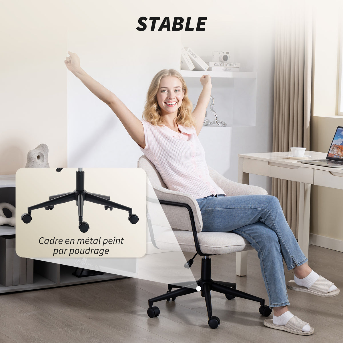 Chaise bureau ergonomique, fauteuil de bureau avec hauteur réglable, pivotant 360°, 63 x 65 x 83-92 cm, crème