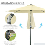 Ombrellone da giardino rotondo Ø 265 cm, luci LED solari, manovella inclinabile, palo in acciaio, 8 stecche, beige