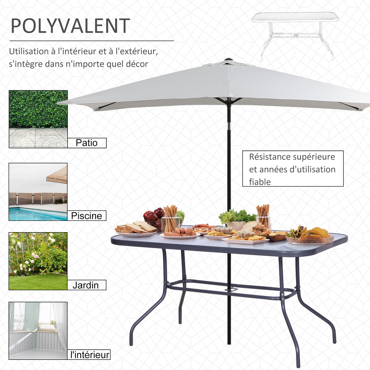 Table de Jardin rectangulaire dim. 140L X 80l x 70H cm métal époxy Gris Plateau Verre trempé