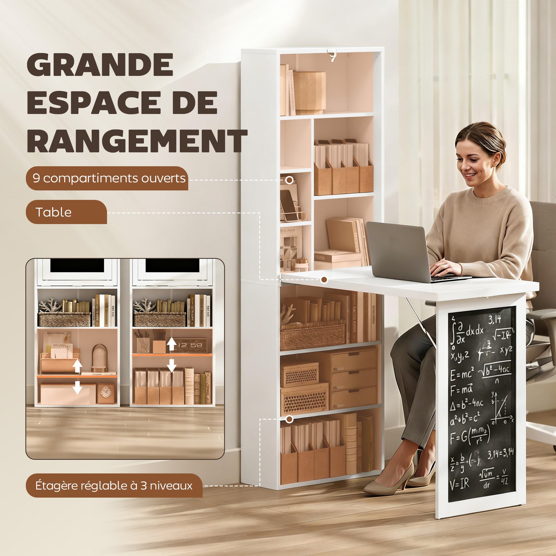 Bureau avec rangement pliable murale rabattable avec bibliothèque poste de travail tableau à craie et étagère réglable