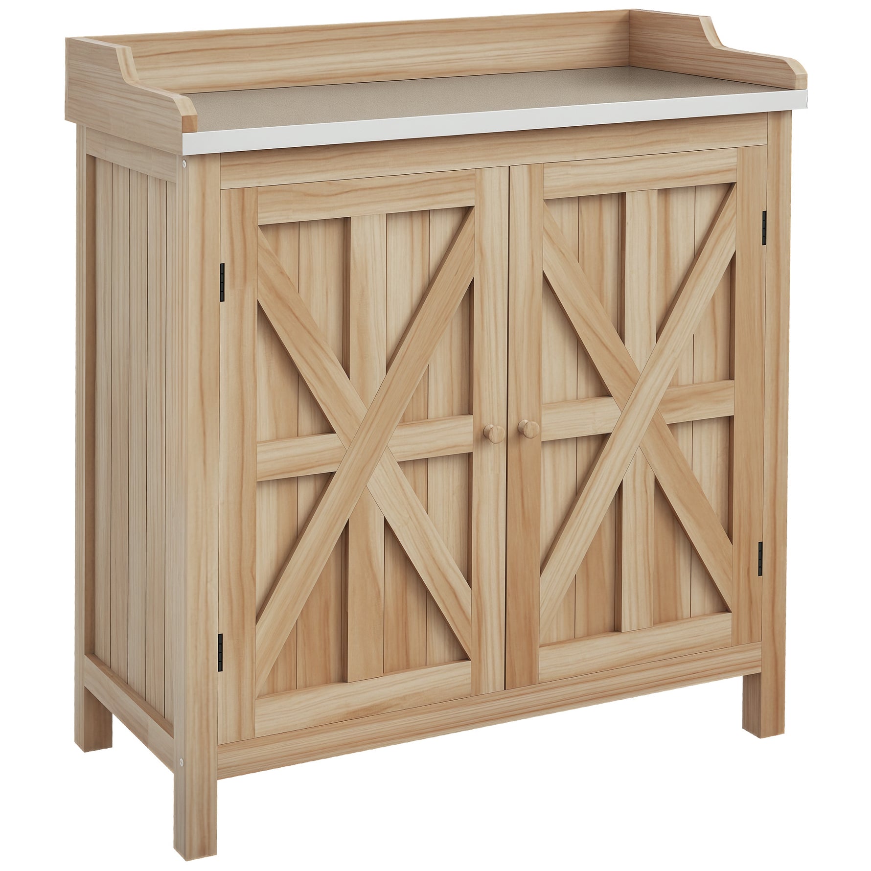 Table de rempotage armoire de rangement avec 2 étagères, plateau galvanisé patins antidérapants en bois sapin