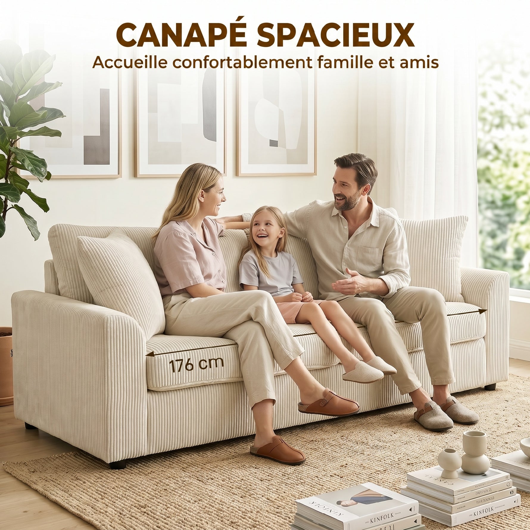 Canapé 3 places 212 cm avec 2 coussins à ressorts, tissu velours côtelé, pour salon, chambre, bureau à domicile, crème