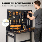 Établi d'atelier pliable à roulettes, 115x62x143,5cm, plan de travail avec panneau perforé, 30 crochets, noir