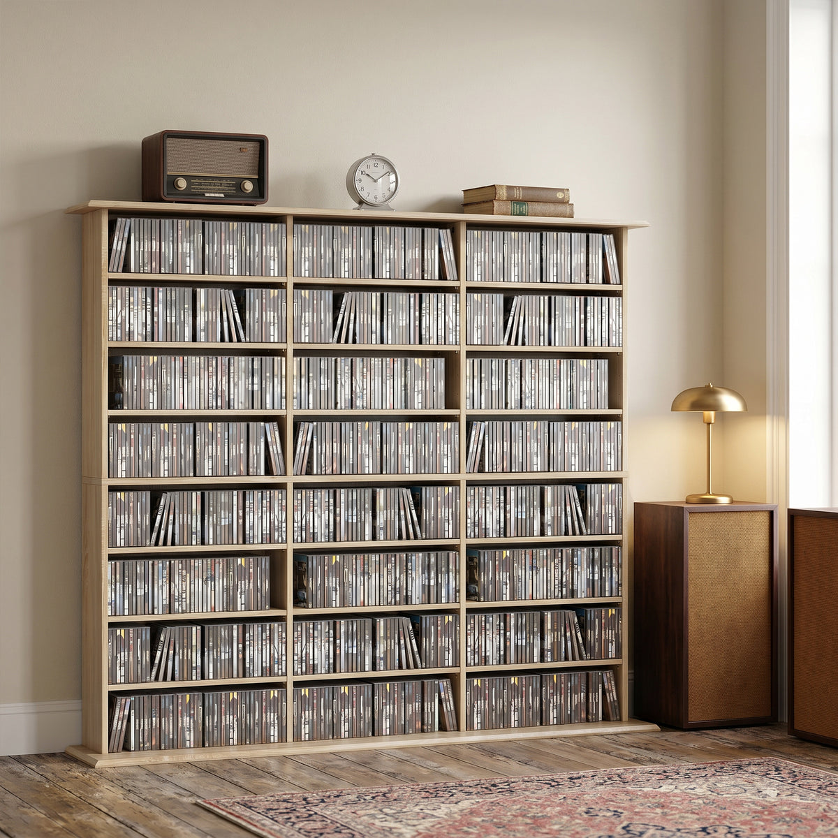 Meuble de rangement 1032 CDs / 594 DVDs, étagère multimédia, 24 compartiments et 18 étagères ajustables, chêne