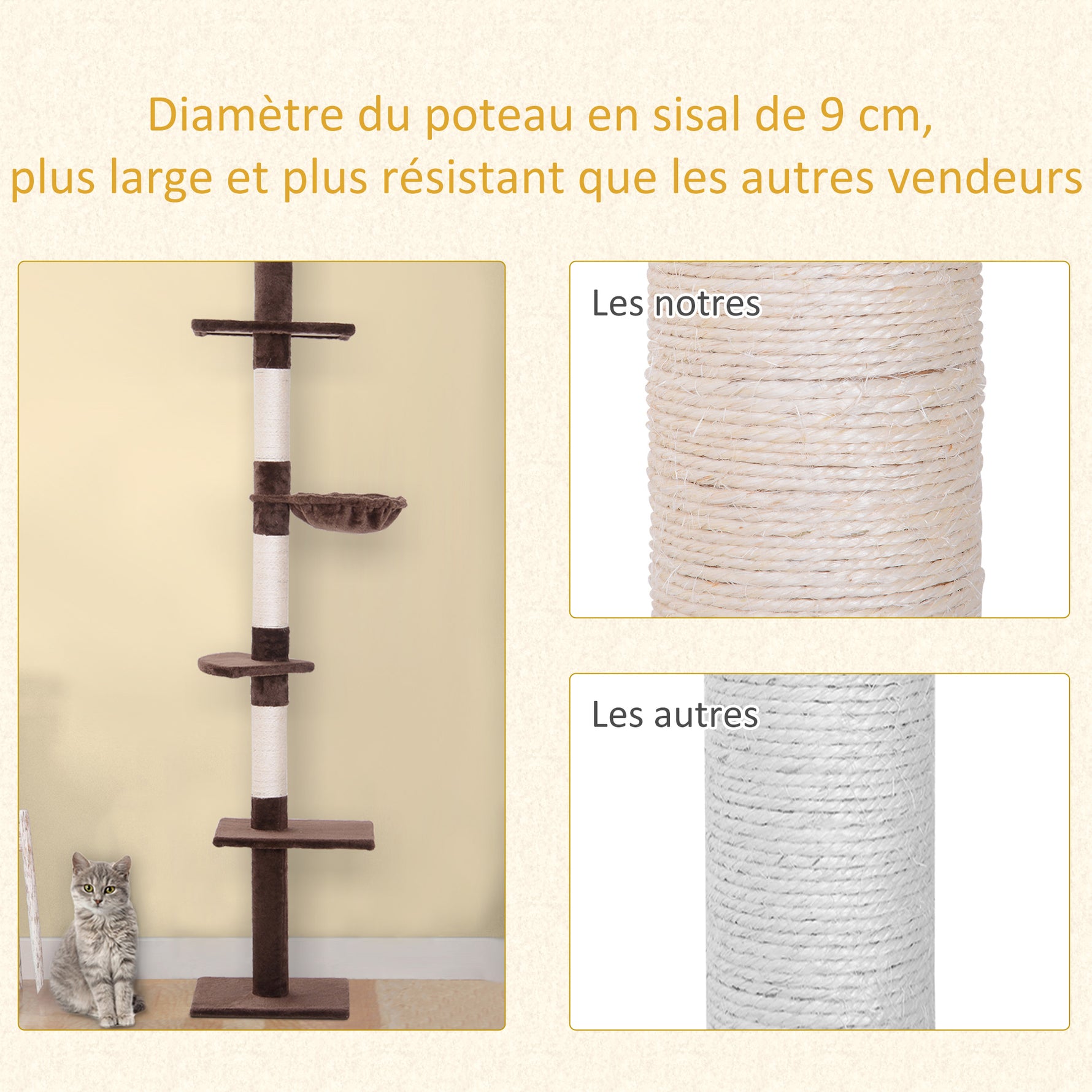 Arbre chat du sol au plafond poteau à griffer L40 x l 34 x H 230-260 cm 5 niveaux d'activités marron