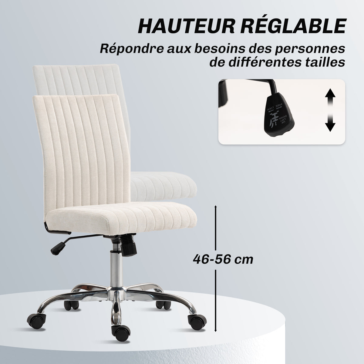 Chaise de bureau sans accoudoirs, fauteuil de bureau, hauteur réglable et pivotant 360°, 43 x 56 x 89-99 cm, crème