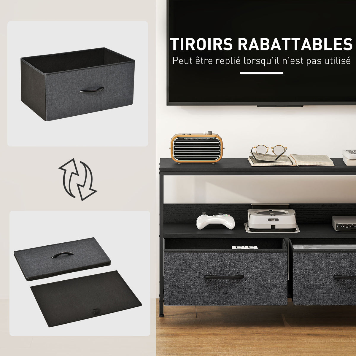 Meuble TV, meuble télé pour téléviseur jusqu'à 47 pouces avec 2 tiroirs et pieds en acier, 98 x 29 x 56 cm, gris foncé