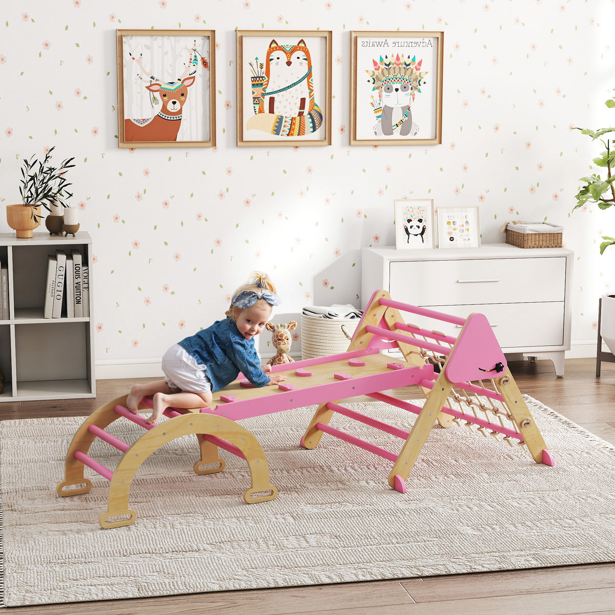 Triangle d'escalade enfants 8 en 1 avec rampe double face, arc d'escalade en bois avec toboggan & échelle, rose