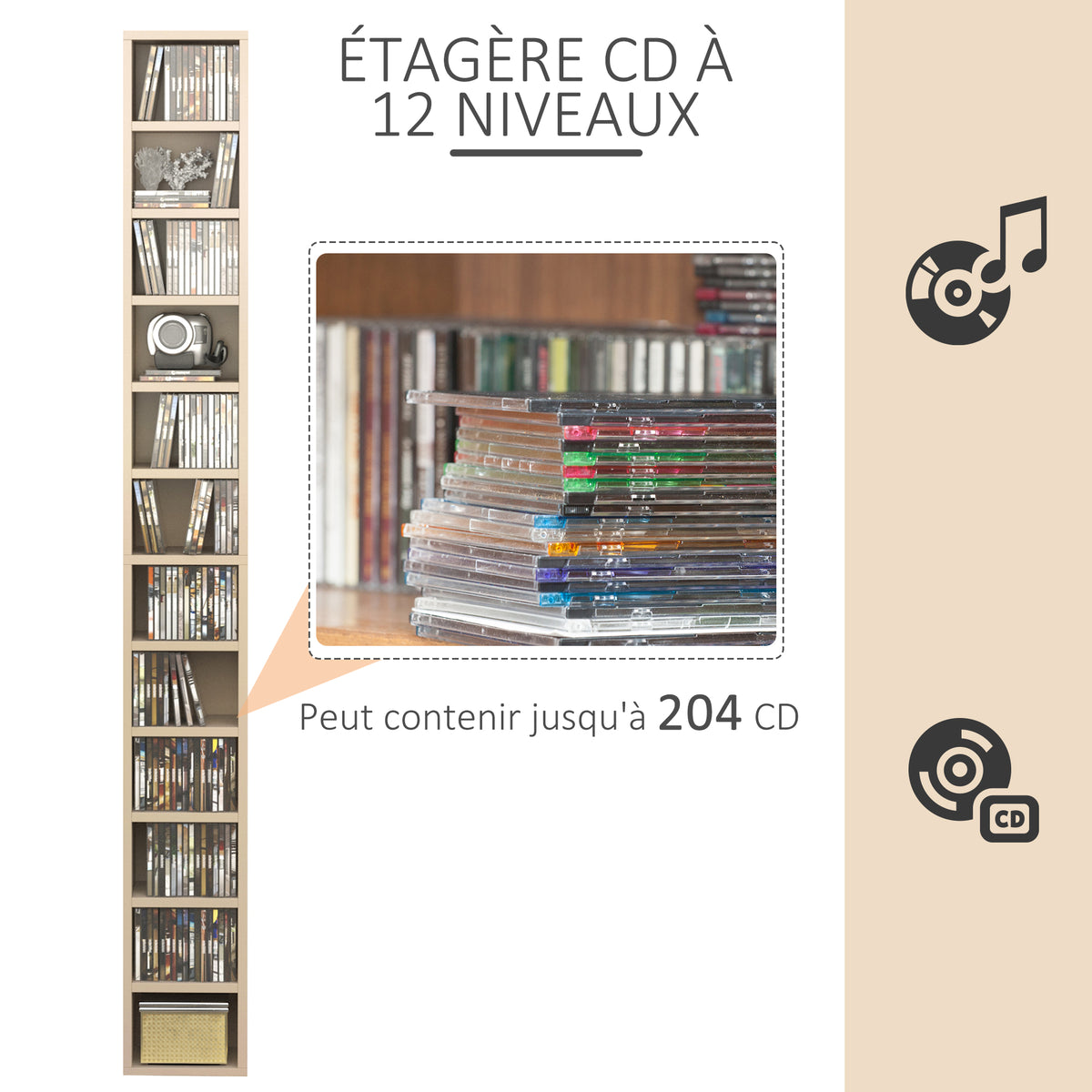 Rangements pour CD et DVD, étagère colonne de rangement, meuble de rangement bois naturel