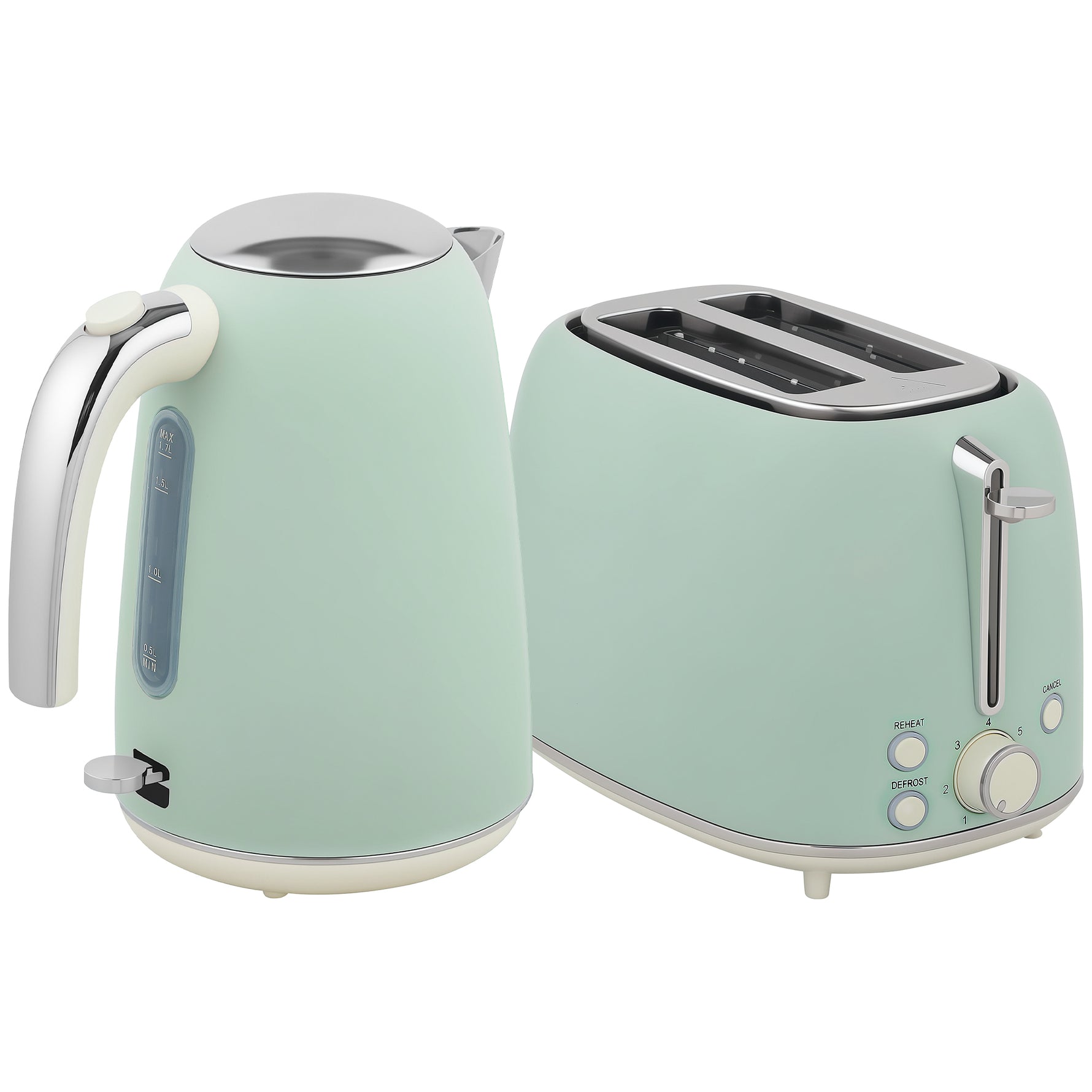 Ensemble bouilloire et grille-pain, bouilloire en acier inoxydable 1,7 L et 2200 W et grille-pain à 2 tranches, vert