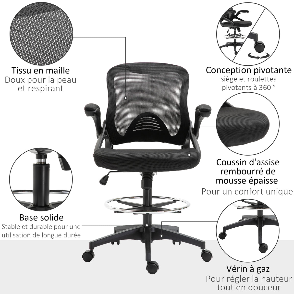 Lot de 2 fauteuils de bureau chaise de bureau assise haute réglable dim. 64L x 60l x 106-126H cm maille respirante noir