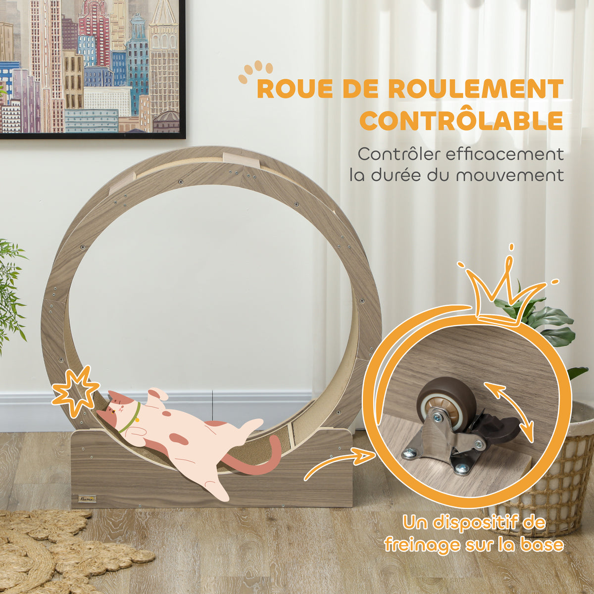 Roue d'exercice pour chat roue de course pour chat frein sécurisé et tapis de grattage amovible silencieux 91 cm marron