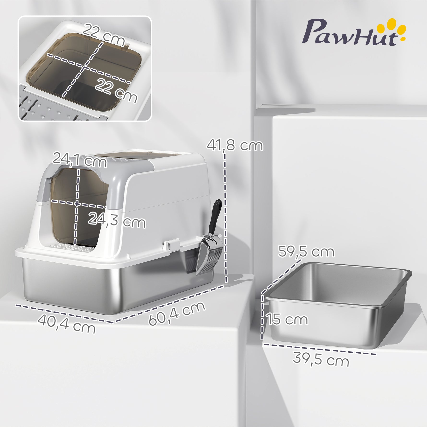 Maison de toilette pour chat bac à litière fermé bac acier inoxydable, nettoyage facile, 60,4 x 40,4 x 41,8 cm, blanc