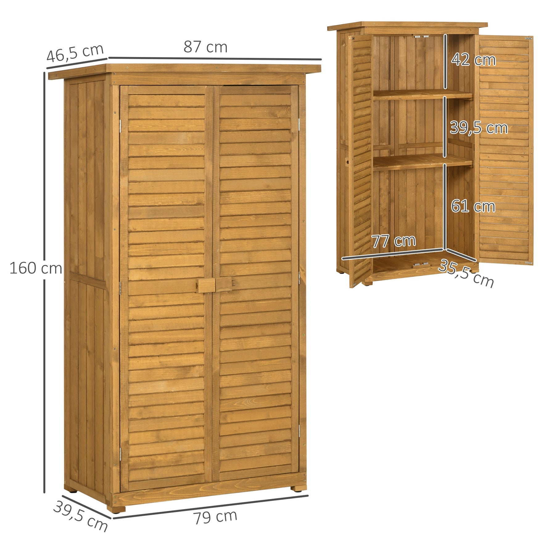 Armoire de jardin remise pour outils en bois 2 étagères toit bitumé portes persiennes 87 x 47 x 160 naturel