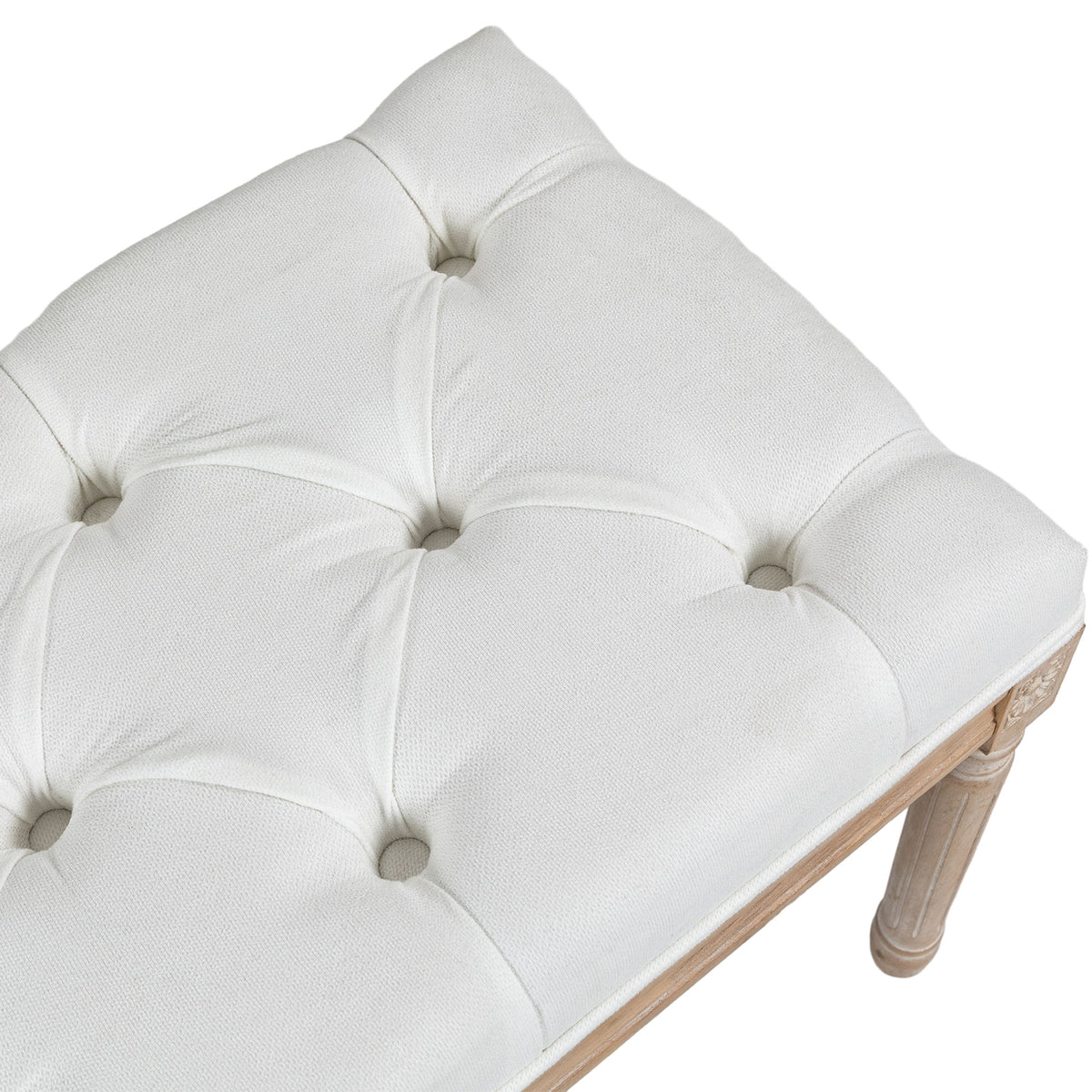 Banc bout de lit banquette capitonnée style vintage français revêtement tissu aspect lin pieds en bois massif crème