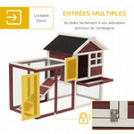 Clapier cage à lapins multi-équipé : niche supérieure avec rampe, plateau excrément, fenêtre + enclos  extérieur sécurisé 2 portes 123,5L x 62,6l x 92,5H cm rouge brique