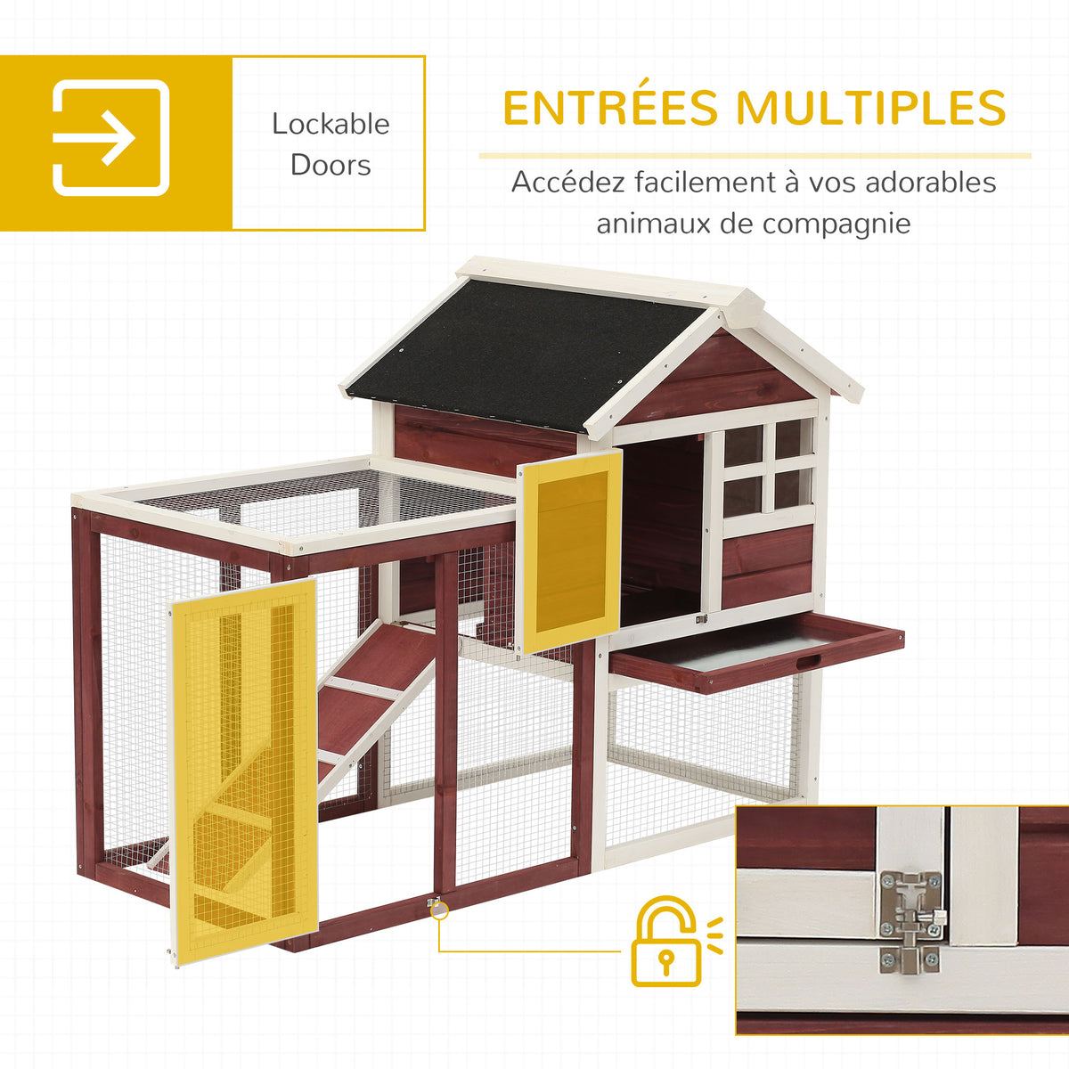 Clapier cage à lapins multi-équipé : niche supérieure avec rampe, plateau excrément, fenêtre + enclos  extérieur sécurisé 2 portes 123,5L x 62,6l x 92,5H cm rouge brique