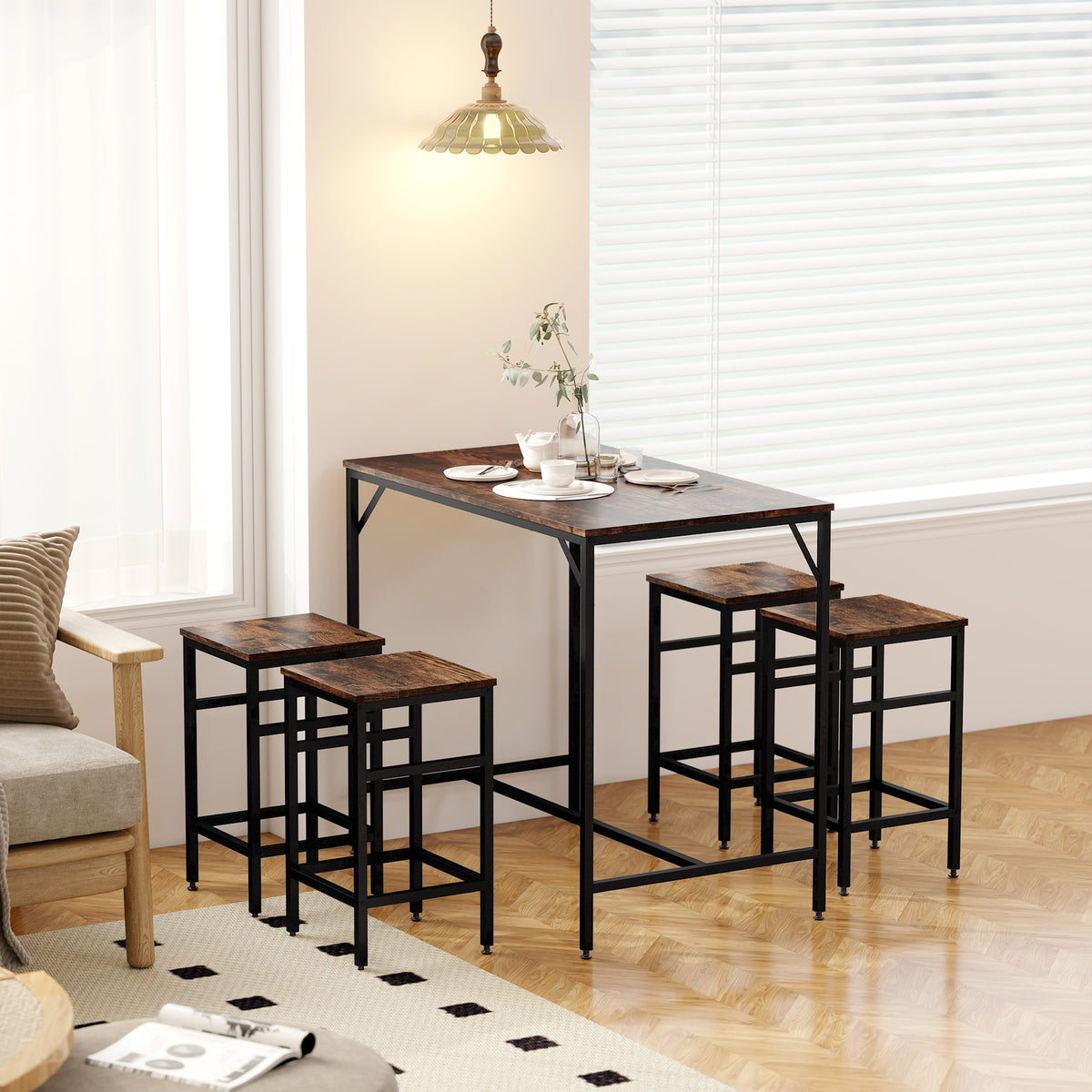 Ensemble table de bar industriel + 4 tabourets repose-pieds en bois couleur chêne cadre en métal noir