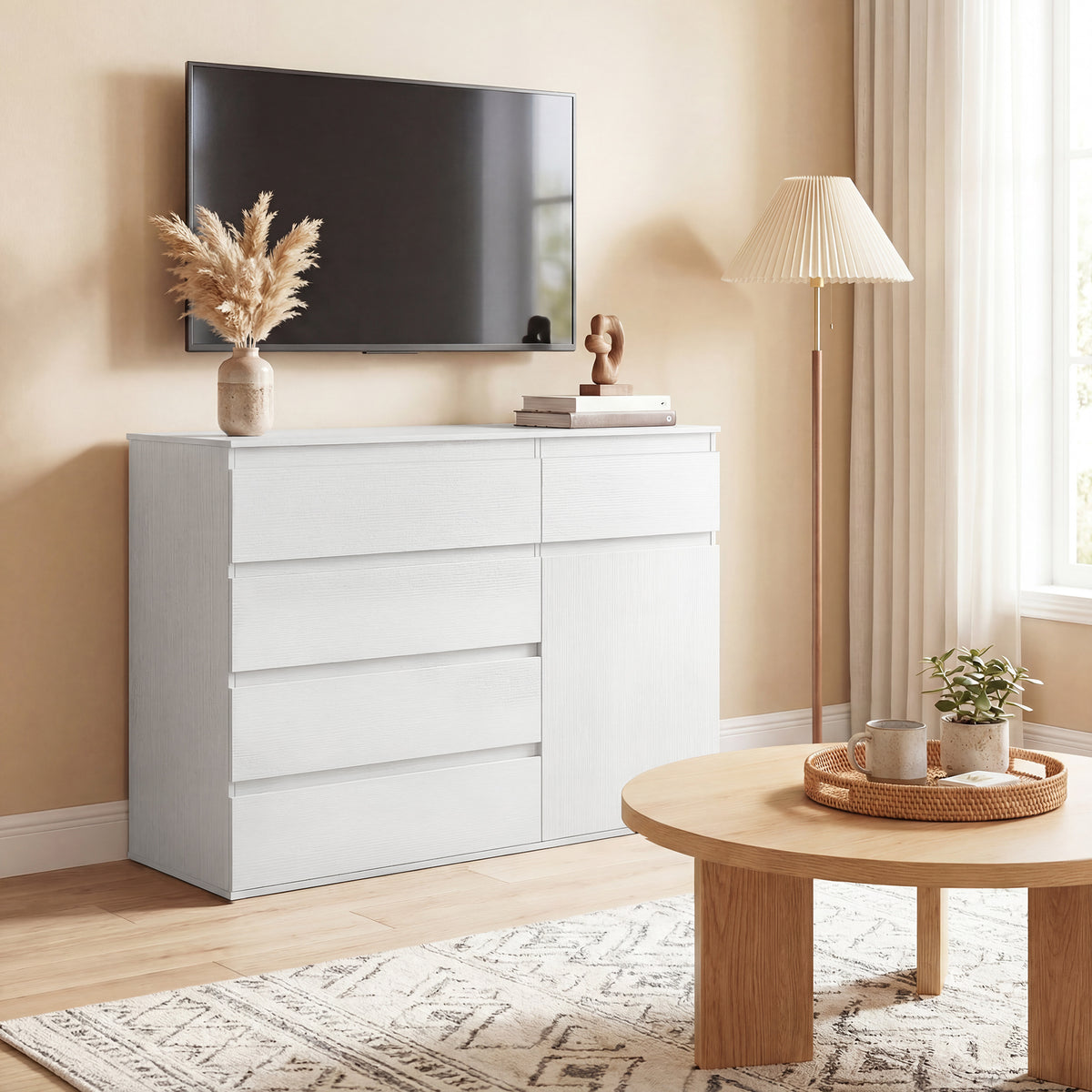 Commode 5 tiroirs, buffet salon, meuble de rangement, étagère réglable et porte à fermeture douce, 100x40x80cm, blanc