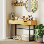 Console meuble 110 cm, table console étroite avec 2 tiroirs, cadre en métal et design sans poignées, bois naturel