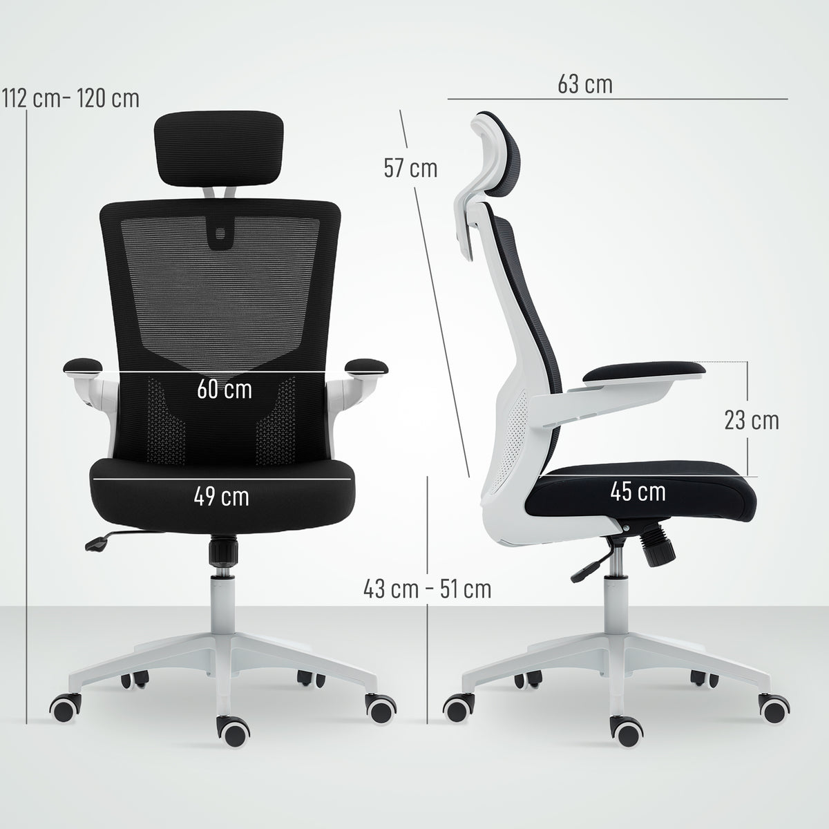 Chaise bureau ergonomique, fauteuil de bureau, accoudoirs relevables, soutien lombaire, appui-tête, 60x63x120cm, noir