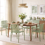 Lot de 4 Chaises Salle à Manger, Chaises de Cuisine Empilables en PP avec Dossier Incurvé à Lattes et Accoudoirs, Vert