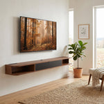 Meuble TV Suspendu, Meuble Télé pour Téléviseur jusqu'à 75 Pouces, Tiroir Rabattable, 2 Étagères, 180x24x16cm, Noyer