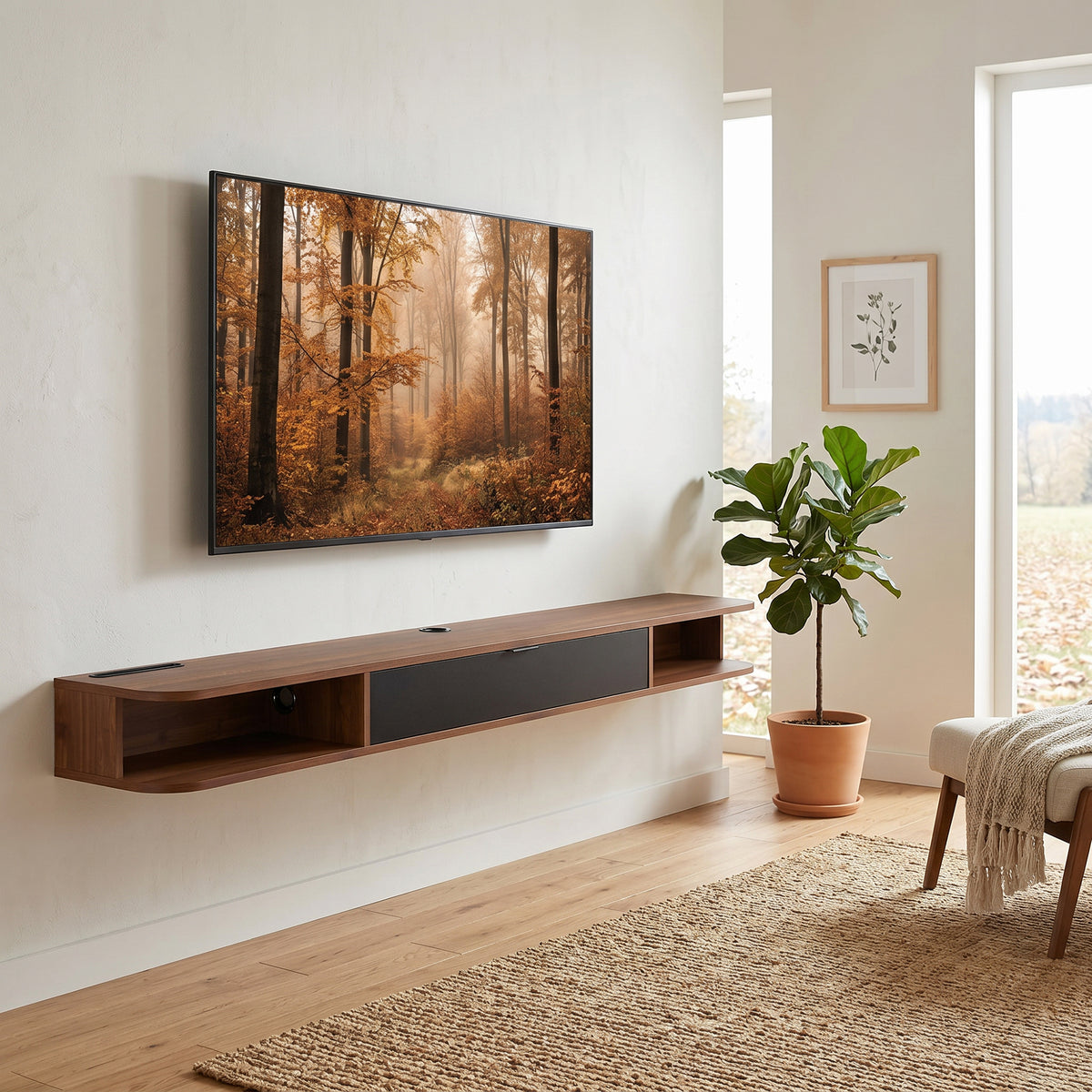 Meuble TV Suspendu, Meuble Télé pour Téléviseur jusqu'à 75 Pouces, Tiroir Rabattable, 2 Étagères, 180x24x16cm, Noyer