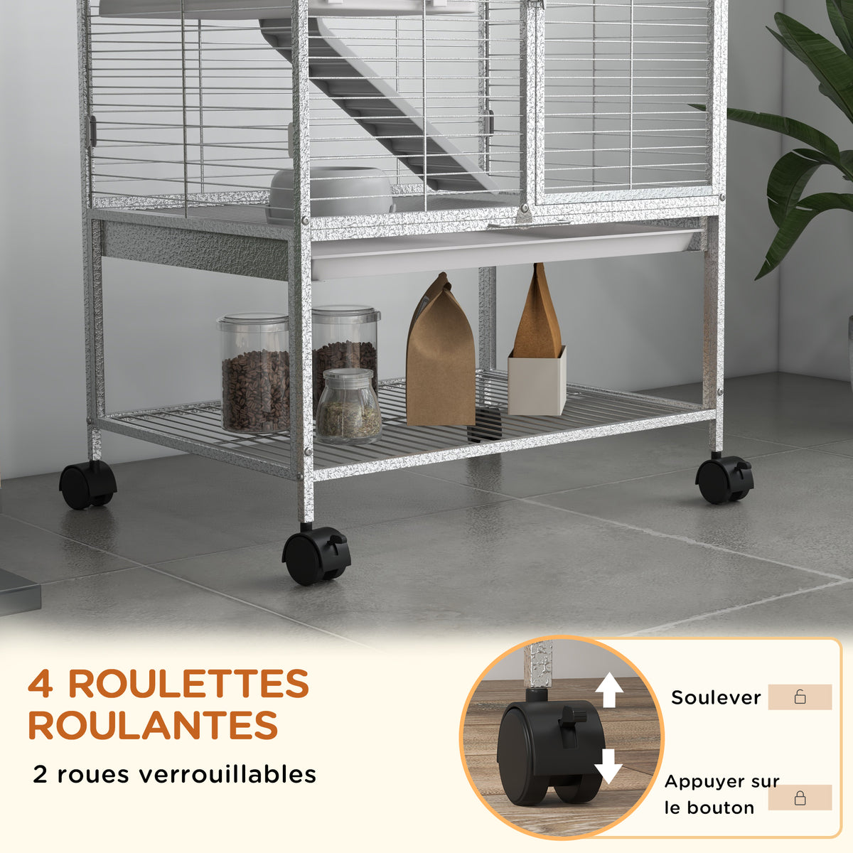 Cage pour petits animaux sur roulettes 2 niveaux avec 2 portes, 1 rampe, 1 étagère de rangement 61,5 x 44,5 x 86 cm gris