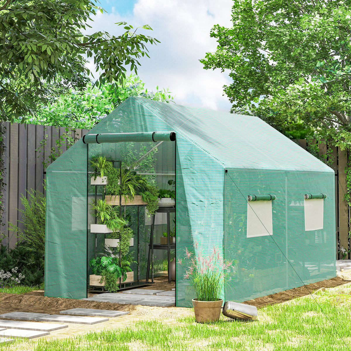 Serra da giardino a tunnel 2 x 3m, 6m² con porta avvolgibile, 4 finestre, - Acciaio galvanizzato PE alta densità Verde