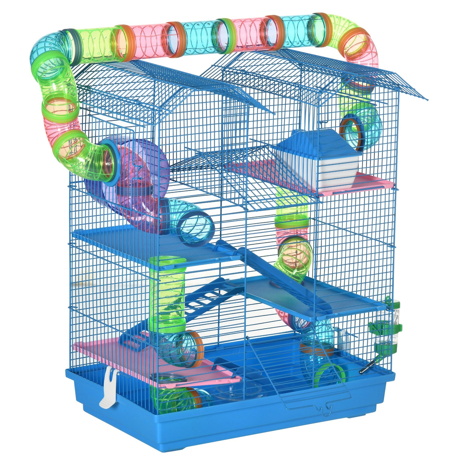 Cage pour Hamster Souris Petit Animaux Rongeur avec Tunnel Mangeoire Roue Jouet 47 x 30 x 59 cm Bleu