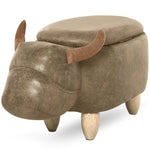 Tabouret Vache - Pouf Vachette - Pouf Taureau Coffre de Rangement 2 en 1 - Pieds Bois d'hévéa revêtement synthétique Aspect Daim Vieilli Marron