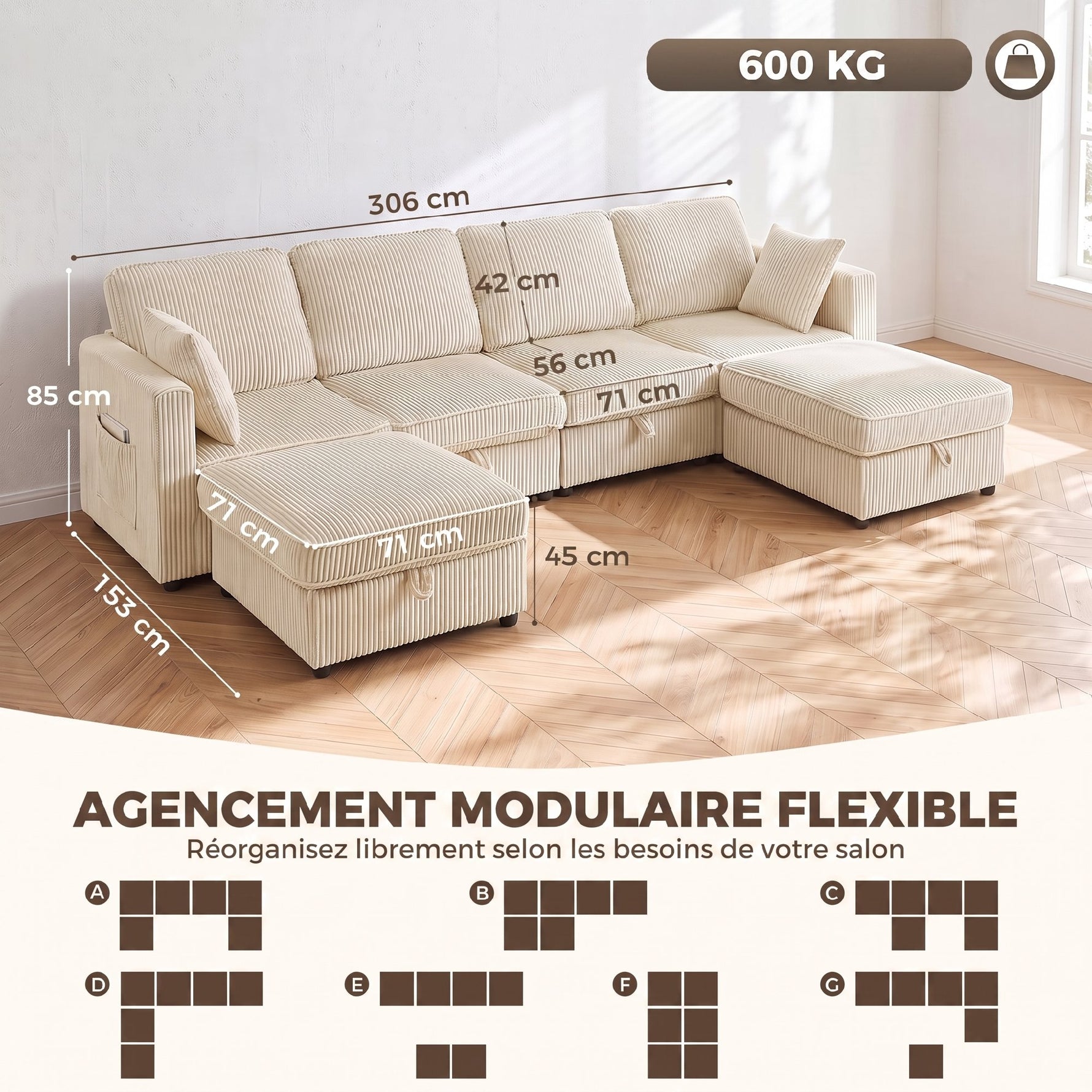 Canapé 4 Places avec 2 Poufs de Rangement, Canapé d'Angle Modulable en U 306 cm en Velours Côtelé, 4 Coussins, Crème