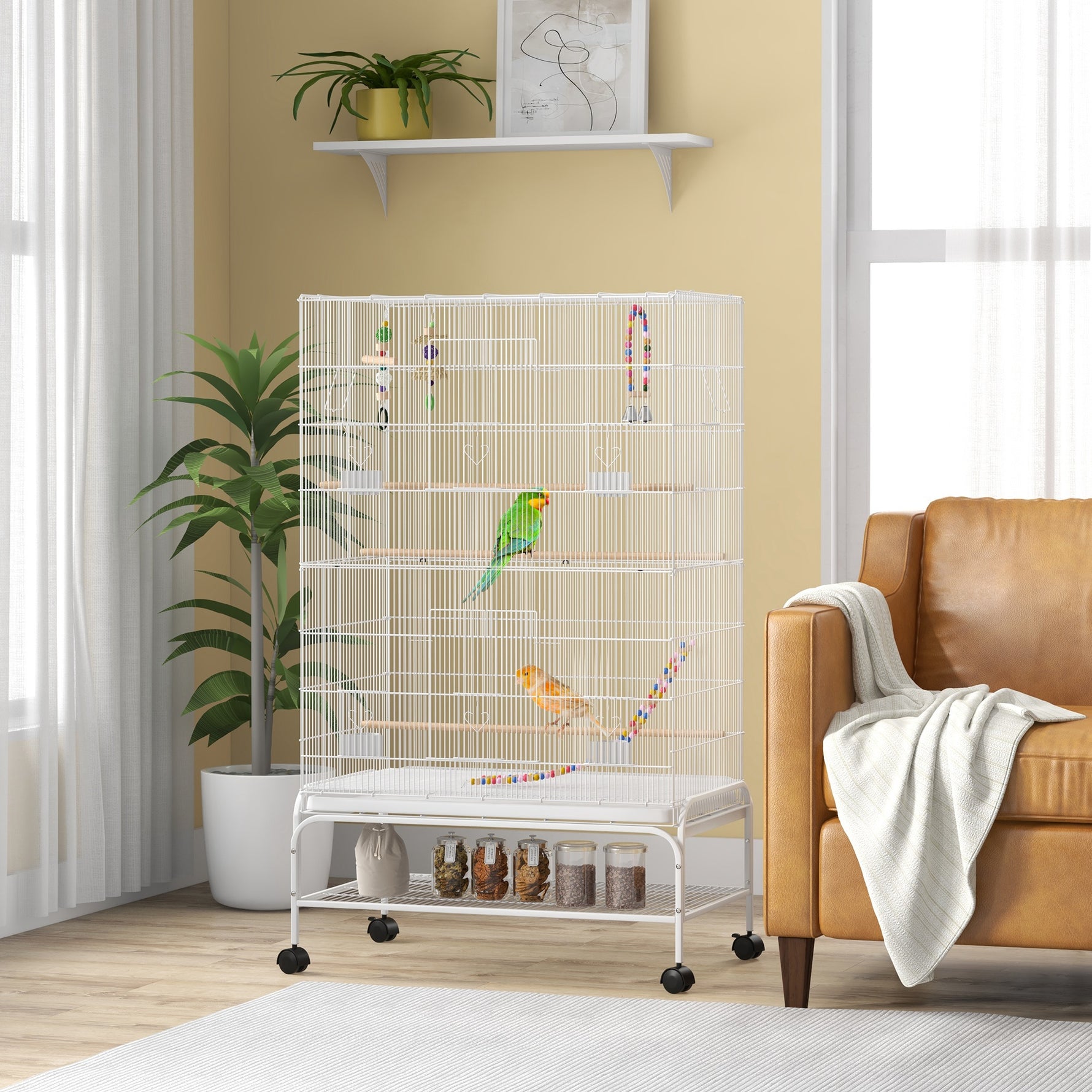 Cage à oiseaux sur pieds roulettes avec 4 mangeoires et 3 perchoirs 79 x 49 x 133 cm blanc