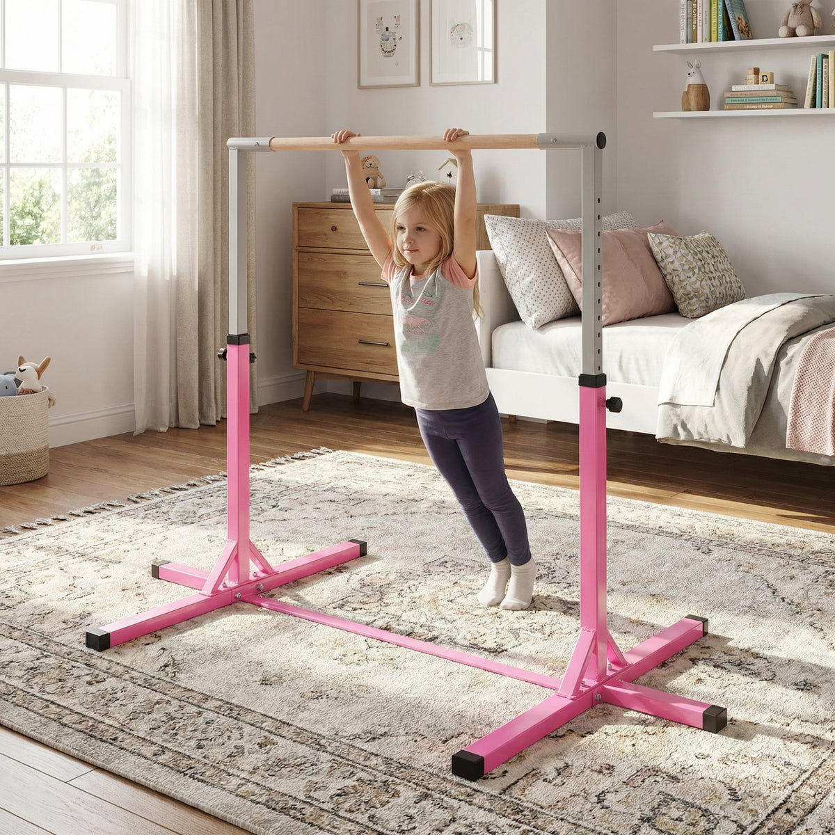 Barre Fixe de Gymnastique pour Enfant, Hauteur Réglable sur 13 Niveaux de 92-150 cm, en Acier et Bois de Hêtre, Barre de Gym d'Entraînement à Domicile, Antidérapant, Facile à Assembler, Rose