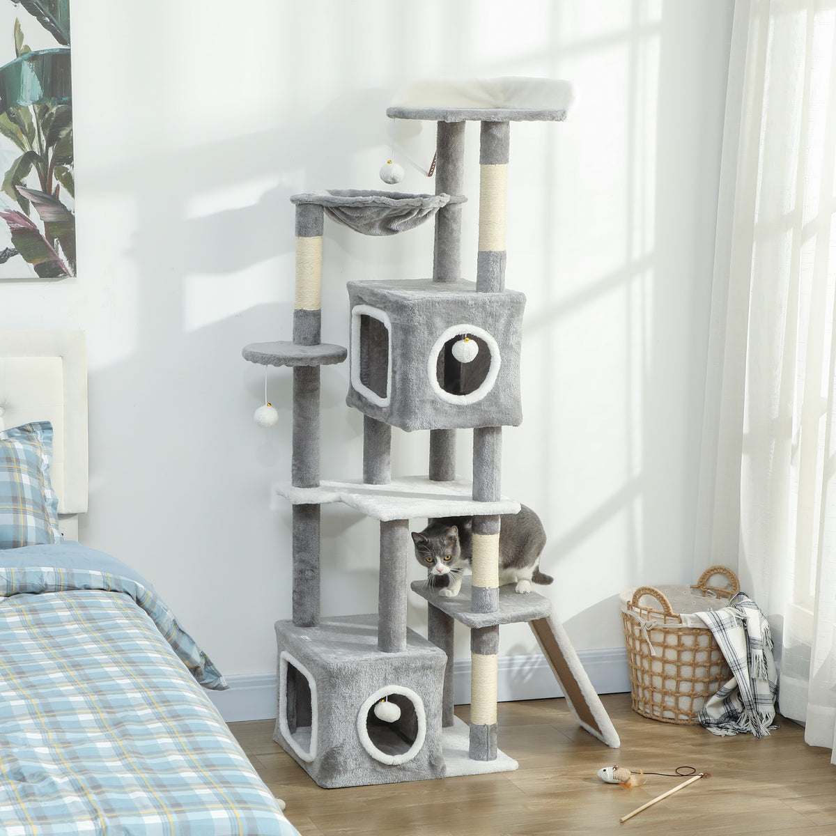 Arbre à chat tour de jeux pour chats centre d'activités 2 niches plateformes hamac échelle et 4 pompons 165 cm gris