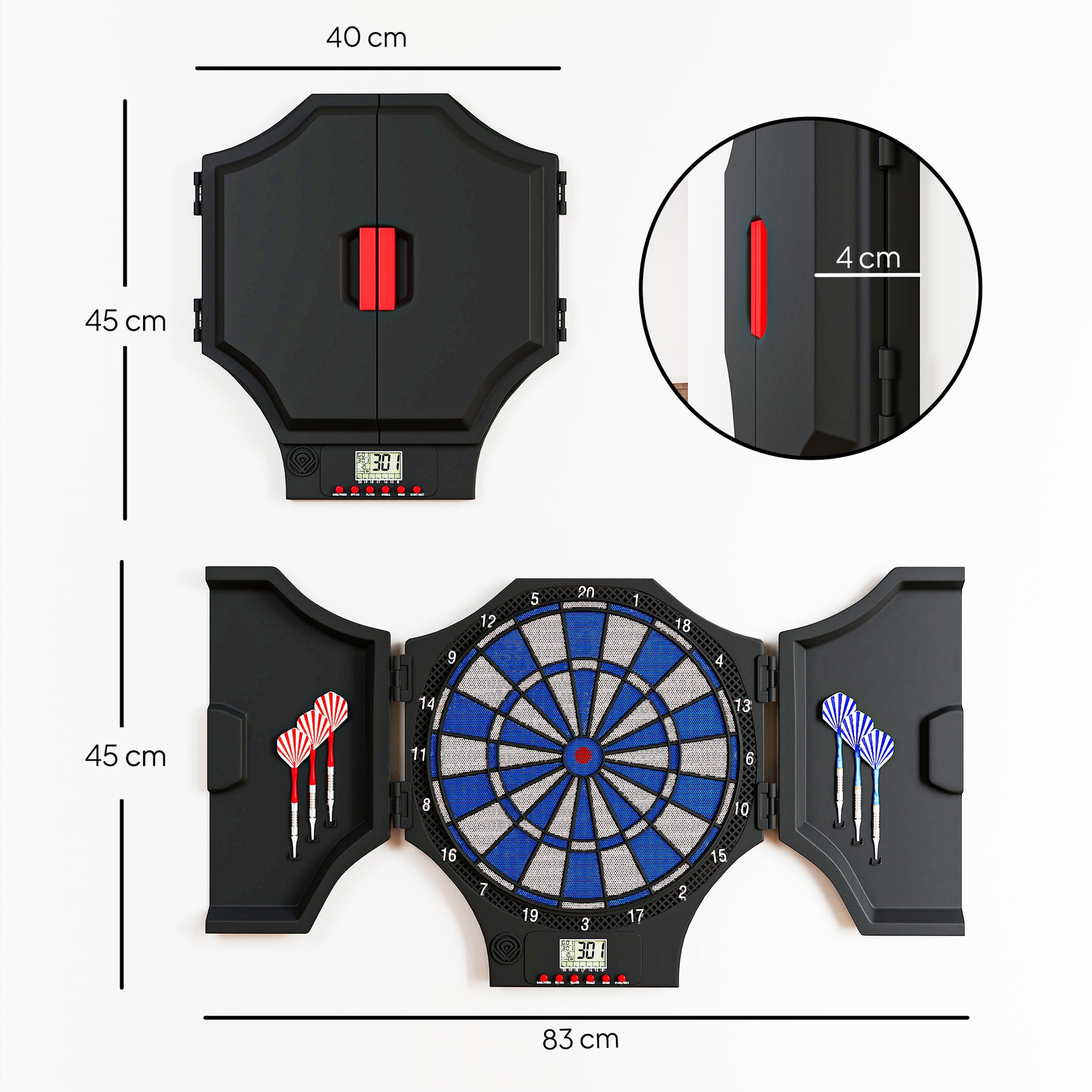 Cible jeu de fléchettes électronique refermable 2 portes 31 jeux jusqu'à 8 joueurs affichage LCD haut-parleur noir