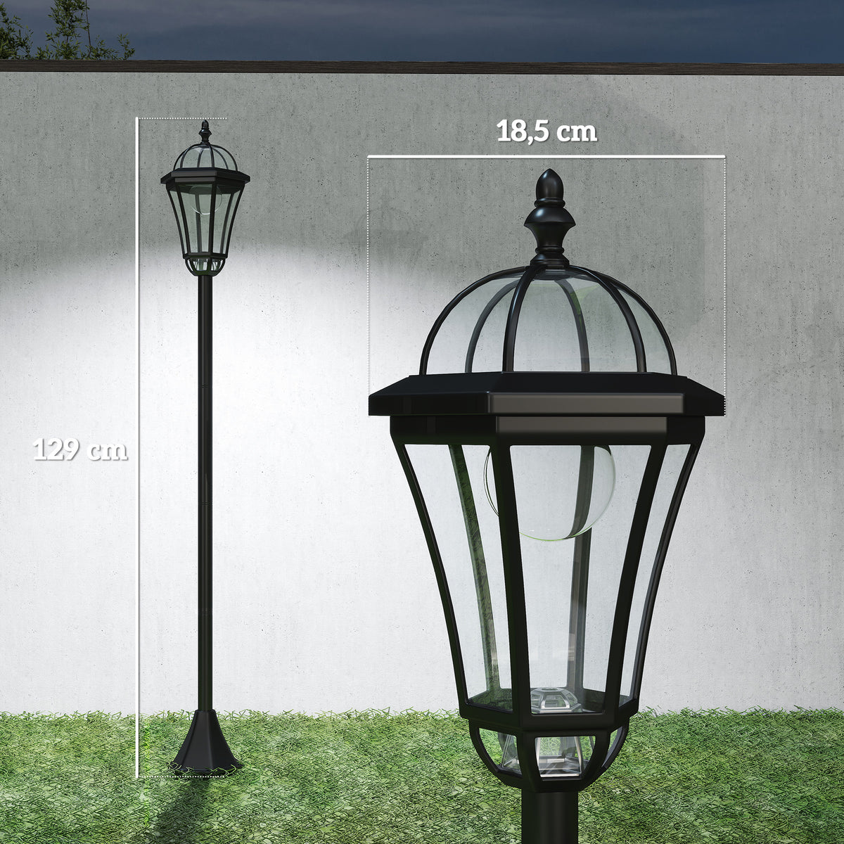 2 staande solarlantaarns voor buiten/tuin met 2 witte 6000K ledlampen IP44 Ø18,5 x 129H cm zwart