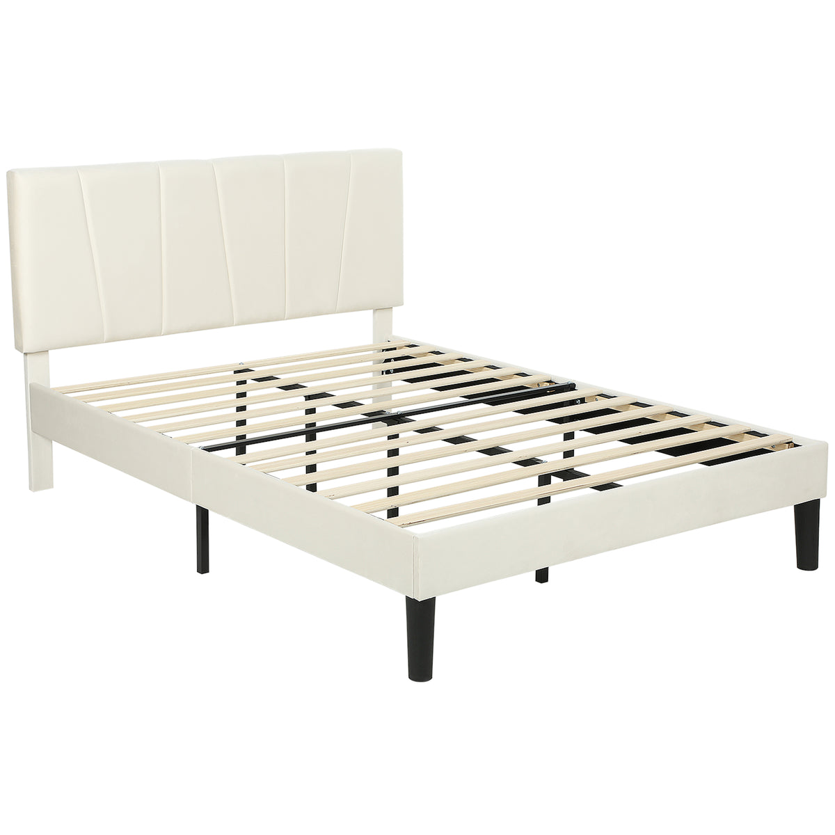 Cadre de lit double 140 x 190 cm lit 2 personnes tête de lit réglable sommier 150 x 198 x 101/106/111/116/121 cm crème