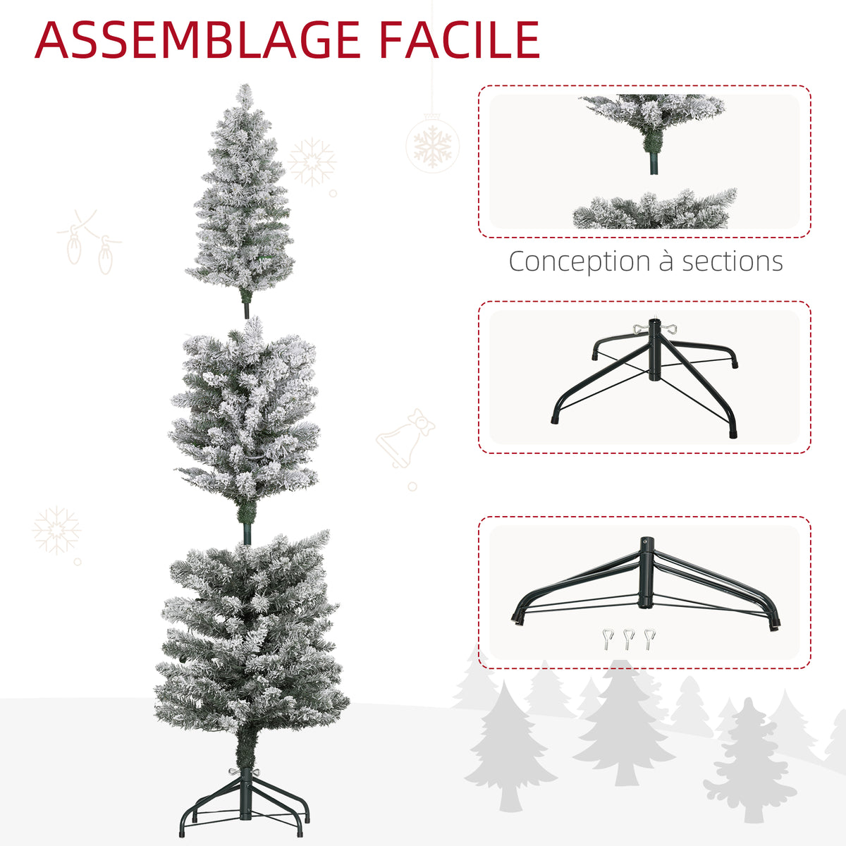 Sapin de Noël artificiel 150 cm avec éclairage LED blanc chaud, 263 branches enneigées, base en métal, réaliste et fin