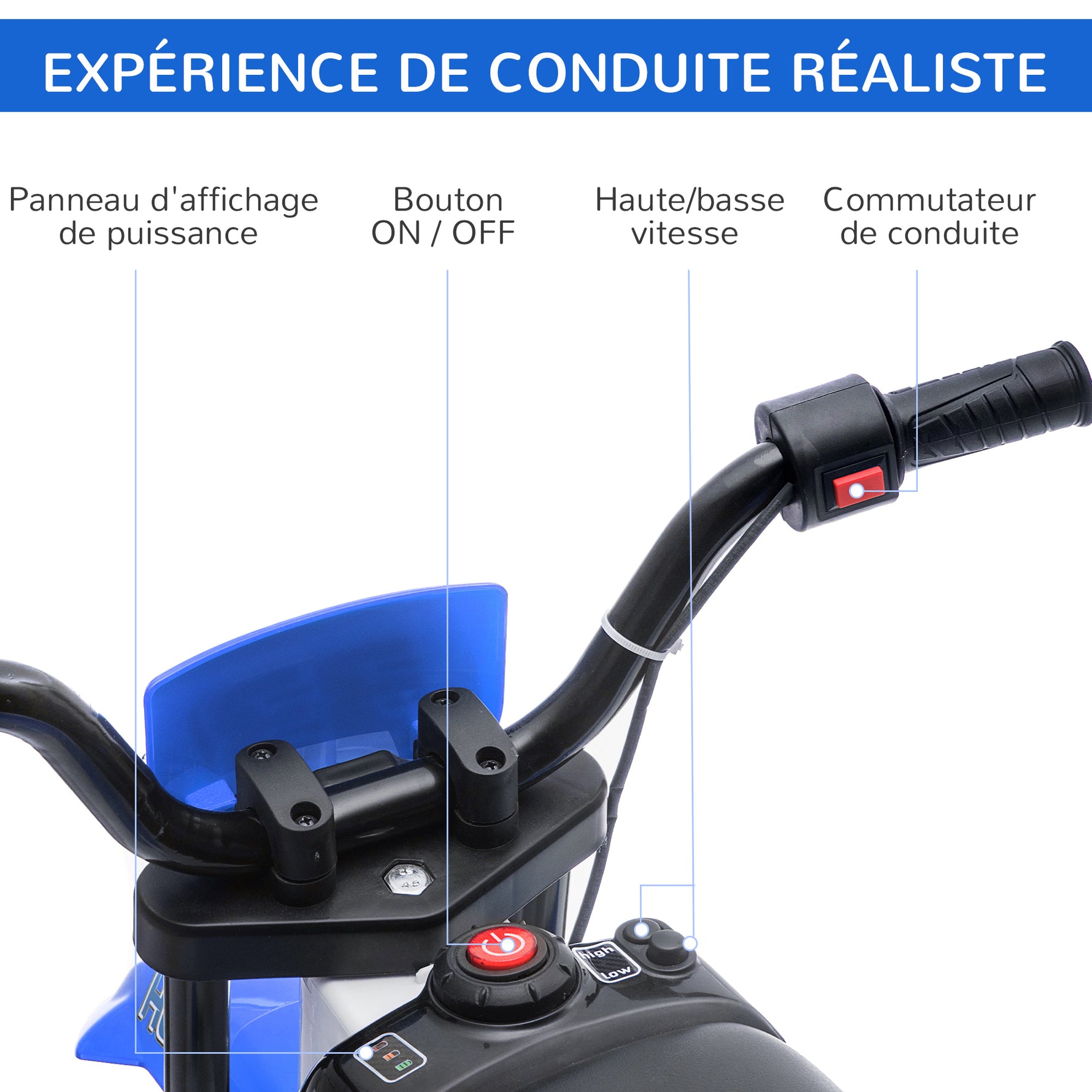 Moto Cross électrique Enfant 3 à 5 Ans 12 V 3-8 Km/h avec roulettes latérales Amovibles dim. 106,5L x 51,5l x 68H cm Bleu
