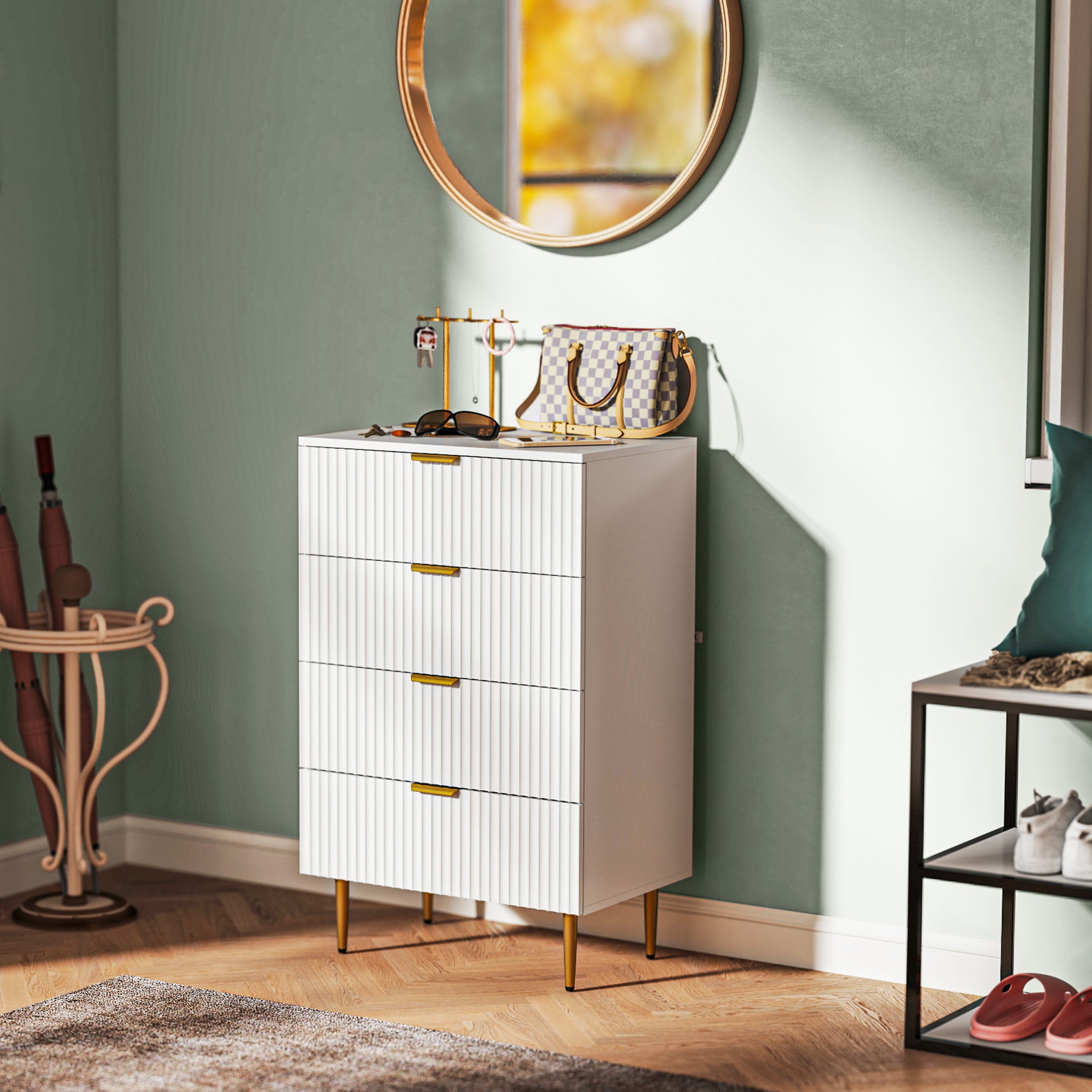 Commode 4 tiroirs commode chambre meuble de rangement moderne avec poignées et pieds dorés, dim. 60 x 40 x 96 cm, blanc