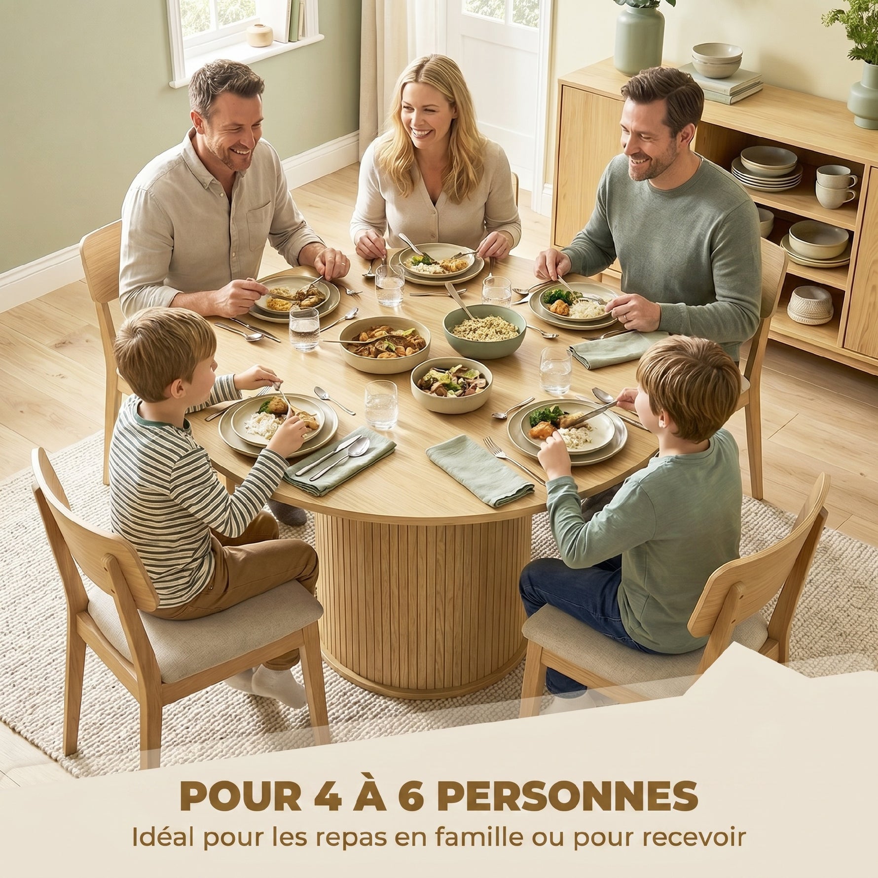 Table à manger ronde pour 4-6 personnes, Ø 120 x 75 cm, table de cuisine avec base cylindrique cannelée, bois naturel