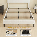 Cadre de Lit 140x190cm avec Sommier, Tête de Lit Réglable, Lit Double Rembourré en Velours Teddy, Lattes en Métal, Blanc