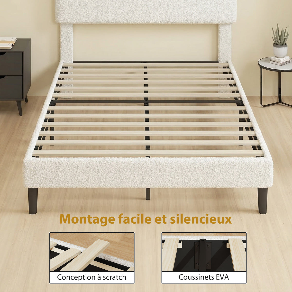 Cadre de Lit 140x190cm avec Sommier, Tête de Lit Réglable, Lit Double Rembourré en Velours Teddy, Lattes en Métal, Blanc