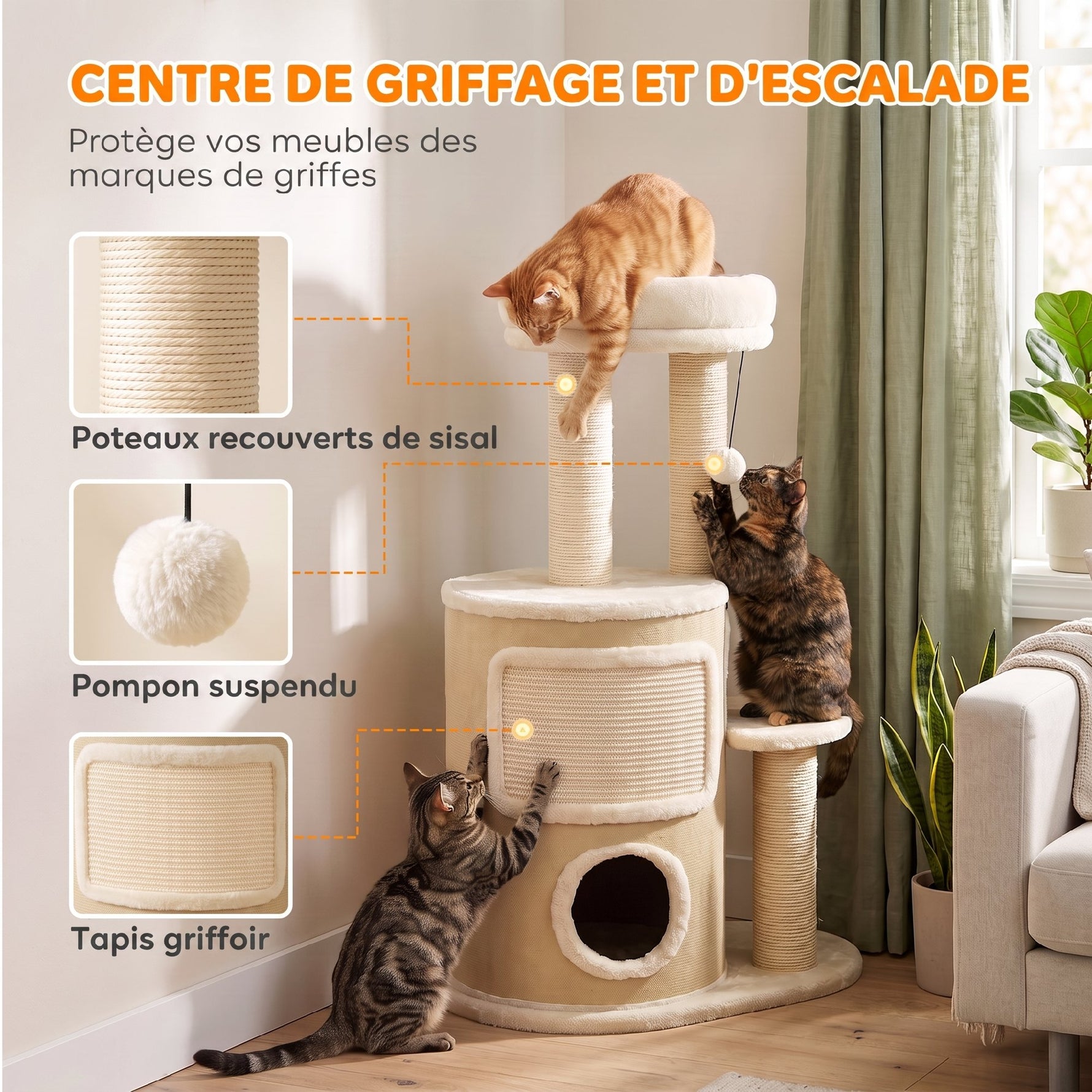 Arbre à Chat Multi-Niveaux avec Tonneau, Double Niche, Lit, Plateforme, Poteaux à Griffer en Sisal, 55x39x90cm, Beige